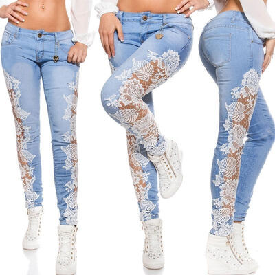 

Women Side Lace Hollow Out Bow Trim Cut Out Slim Tight Embroidered Skinny Jeans Ladies 6-16
