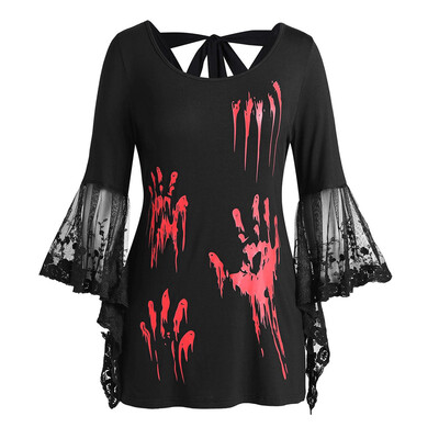 

Roseonmyhand Women Plus Size Halloween Lace Flare Sleeve Blood Hands Print Back Knotted Top