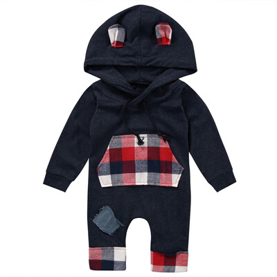

Newborn Kids Baby Boys Girl Clothes Cotton Long Sleeve Plaid Hooded Jumpsuit Romper Clothes Outfit