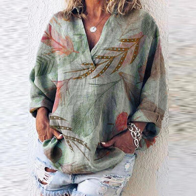 

Amazon AliExpress 2019 explosion models ladies shirt large size casual European&American V-neck pullover printed long-sleeved