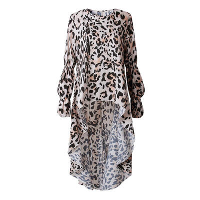

Elegant Leopard Print Women Ruffle Sleeves Shirt Dress Irregular Hem Tops