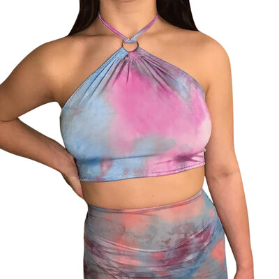 

Nomeni Women Flower Color Tight Fitting Tie-Dyed Halter T-Shirt