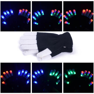 

LED Rave Flashing Gloves Glow 7 Mode Light Up Finger Tip Lighting Pair Black NEW