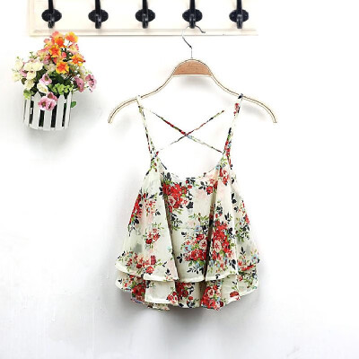 

New Fashion Women Cami Top Double Chiffon Tiers Floral Print Spaghetti Strap Sleeveless Sexy Blouse