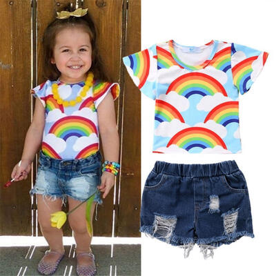 

Kids Baby Girls Rainbow Tops T-shirt Denim Pants Jeans Outfits Clothes