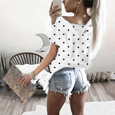 

Ladies Loose Baggy Tops Cross Hollow Shirt Blouse Polka Dot Casual Plus Size