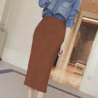 

High Waist Knitted Pencil Women Skirts Autumn Winter Fashion Solid Casual Mid-Long Skirt