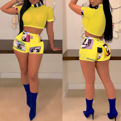 

Women 2 Piece Outfits Short Sleeve Mesh Crop Tops Shorts Set Jumpsuit Rompers