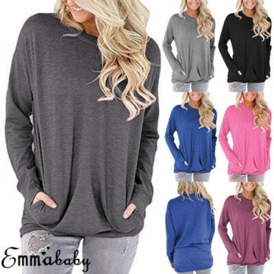 

Sexy Women Autumn Long Sleeve Blouse Casual Sweatshirt Pocket Top T-Shirt -XXL