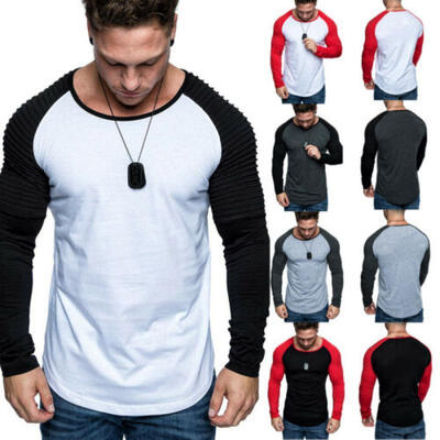 

Fashion New Mens Muscle Long Sleeves Pleated T-shirt Mens Plain Basic Tee -3XL