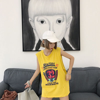 

Summer Harajuku Style Student Sleeveless T-shirt Female Uniform Long Loose Korean Version t-shirt Letter Tops