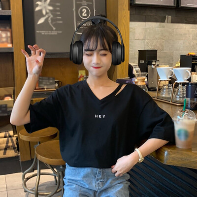 

Womens V Neck Short Sleeve Letter Embroidery Cold Shoulder Loose Pullover T-Shirt