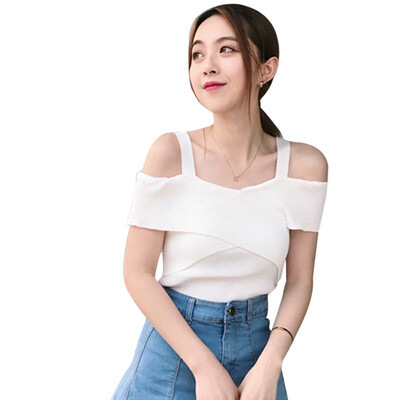 

Women Sexy Solid V Neck Sling Knitting T Shirt 2019 Fashion Cross Wrap Design Top Female Off Shoulder Slim T Shirt Women Tops