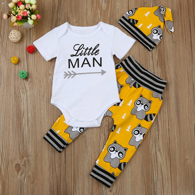 

Newborn Infant Baby Boy Letter Romper TopsCartoon Pants Hat Outfits Clothes Set