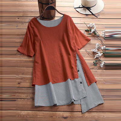 

Nomeni Womens Casual Button Splice Linen Blouse Short Sleeve Shirt Lattice Loose Tops