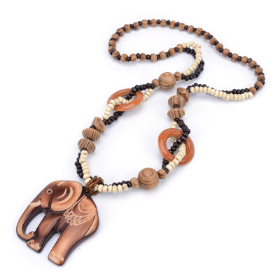 

Boho Wood Elephant Pendant Bead Long Ethnic Style Sweater Necklace Jewelry Women