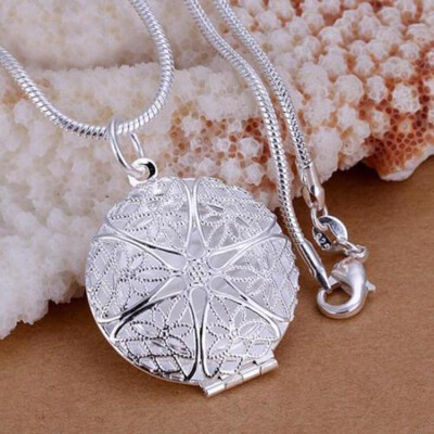 

Women Silver Plated Photo Locket Hollow Round Pendant Snake Chain Necklace Gift