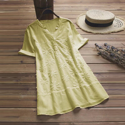 

Starmoon Women Vintage Embroidery V-neck Short Sleeves Plus Size Top Blouse T-Shirt