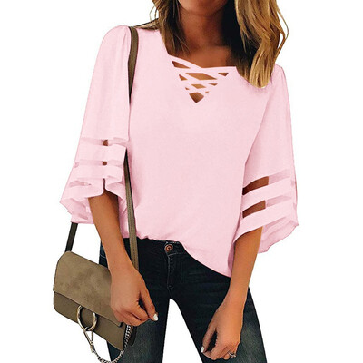 

Starmoon Womens V Neck Mesh Panel Blouse 34 Bell Sleeve Casual Loose Top Shirt