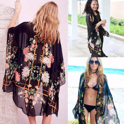 

Women Beach Cover Up Floral Print Open Front Loose Retro Boho Cardigan Shawl Poncho Black