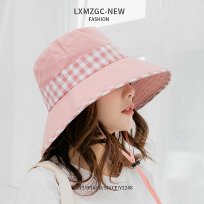 

Spring&summer new womens hat plaid bag side hundred fishing man hat outdoor tourism big eaves shade sun hat