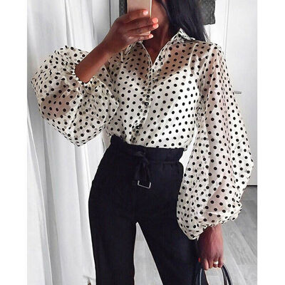 

Women Polka Dot Sheer Tee Casual Lady Button T-shirts Mesh Puff Sleeve Blouse
