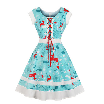 

Round Collar Draw String Lace-Up Christmas Dress