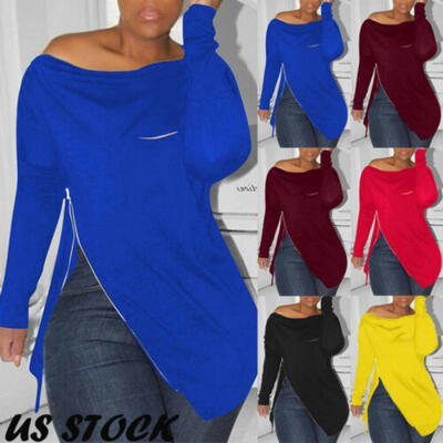

US Womens Spring Off Shoulder Long Sleeve Zipper Casual T Shirt Tops Blouse Tee