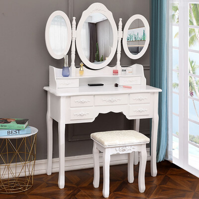 

Vanity Make Up Table White Dressing Table Set wStool 7 Drawer & 3 Mirrors Fold