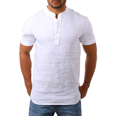 

Toponeto Men Henry Short Sleeve Slim Solid Linen Shirts Male Casual Business Fit Blouse