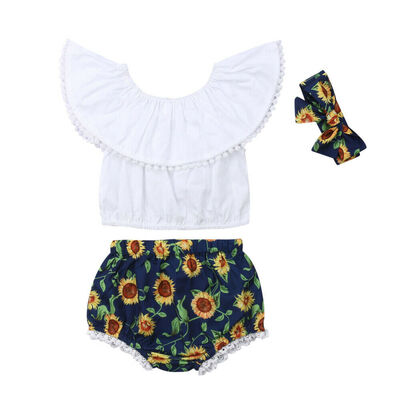 

Toddler Baby Girl Clothes Ruffle Tops Crop Sunflower Shorts Summer Outfits Set