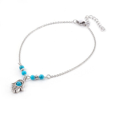 

Synthetic Turquoise Charms Anklets with Tibetan Style Alloy Pendants 304 Stainless Steel Findings&Iron Eye Pin Hamsa HandH