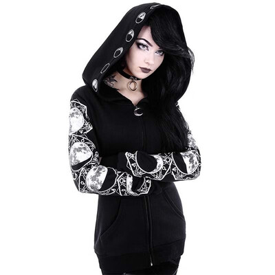 

Women Hooded Zipper Pockets Letter Moon Print Gothic Puck Hoodies Casual Pullover Sweatshirt Black