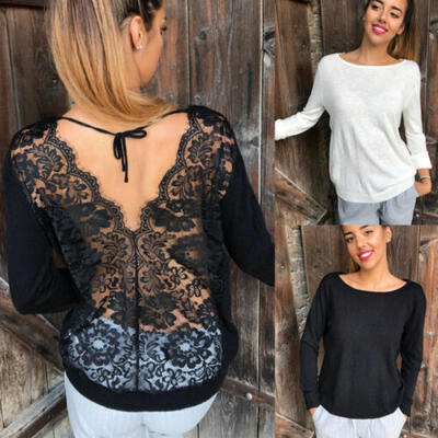 

US Summer Backless T Shrt Womens Ladies Long Sleeve Casual T-Shirt Tops Loose