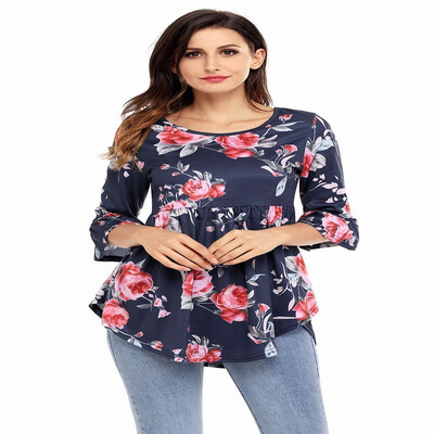 

Round neck seven-point trumpet sleeve printed hem retro shirt womens