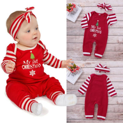 

AU Christmas Newborn Baby Girl Boy Clothes Striped Romper Xmas Jumpsuit Outfits