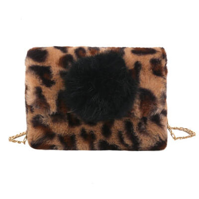 

Fashion Women Leopard Print Pompom Shoulder Bags Plush Chain Crossbody Bag