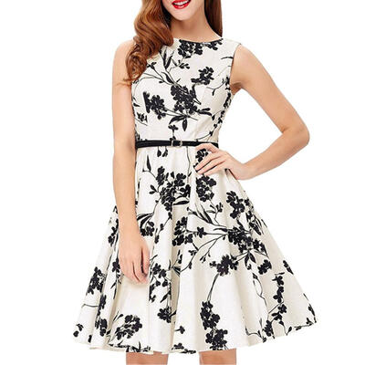 

Women Hepburn Wind Sleeveless Swing Dress High Waist Retro Clothing wBelt