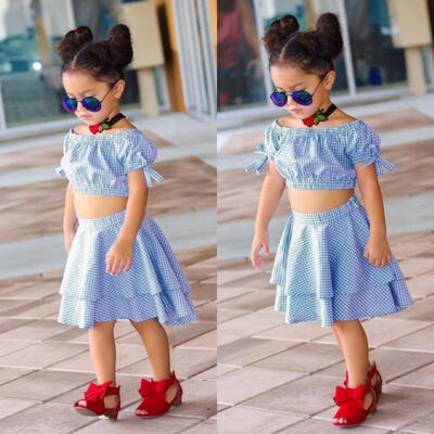 

Plaid Kids Baby Girls Crop Top T-shirt Blouse Skirt Outfits Clothes Summer 1-6Y