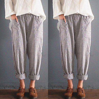 

Tailored Women High Waist Vintage Striped Loose Cotton Linen Long Trousers Pants BKL