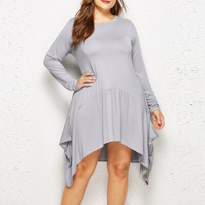

Gobestart Fashion Women Plus Size Solid Long Sleeve Pockets Dress