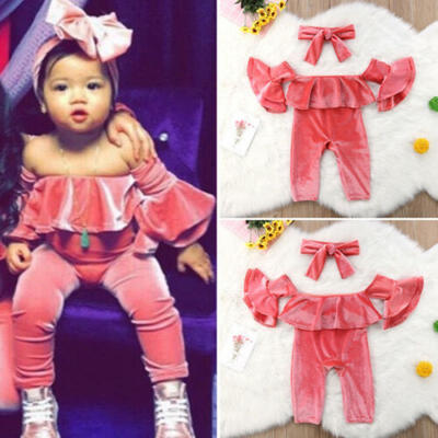 

US Kids Baby Girl Velvet Ruffle Off Shoulder Romper Jumpsuit 2PCS Outfit Clothes