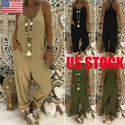 

US Women Casual Loose Linen Cotton Jumpsuit Dungarees Playsuit Trousers Overalls