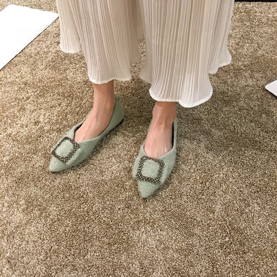 

Mingyuanfeng Womens Shoes New Autumn Shoes Korean Edition Fashion Water Drill Square Buckle Shoes Shallow Flat sole Work Single