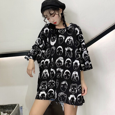 

Women T-Shirts Loose Short Sleeve Round Neck Printed Shirt Female Casual Long Tee Shirts