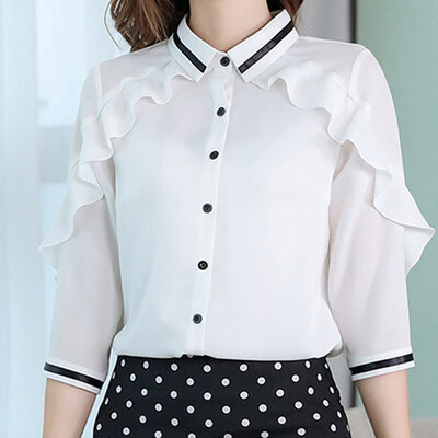 

Starmoon Women Korean Turn-down Collar Solid Color Fashion Casual Chiffon Shirt Top