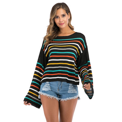 

Women Striped Sweater Ladies Long Flare Sleeve O-Neck Casual Thin Top Fashion Spring Autumn Pullovers Sweater