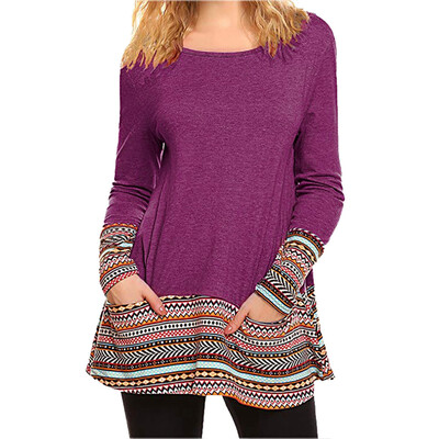 

Nomeni Women Fashion Long Sleeve Pocket Printed Patchwork Blouse Tops Clothes T Shirt