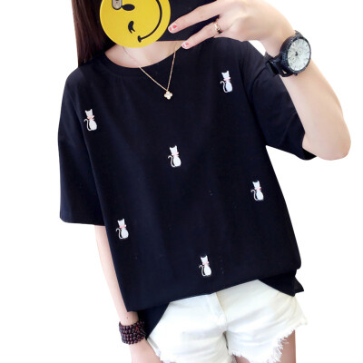 

Womens Fashion Loose Round Neck Embroidered Cartoon Cats Print Short Sleeve T-Shirt