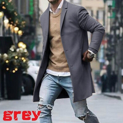 

Men Wool Coat Winter Trench Coat Outwear Overcoat Long Sleeve Button Up Jacket